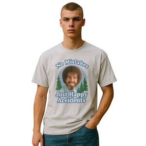 Bob Ross “There Are No Mistakes, Just Happy Accidents” Tee Shirt Gray Size L